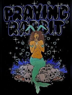 Black Short-Sleeve Graphic Tee with Praying Mermaid Print - PRAYING RABBIT